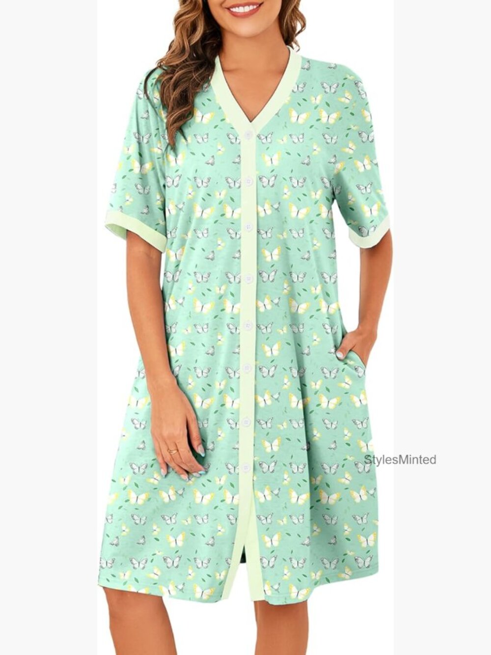 Women's Cotton Button Front Nightgown with Pockets
